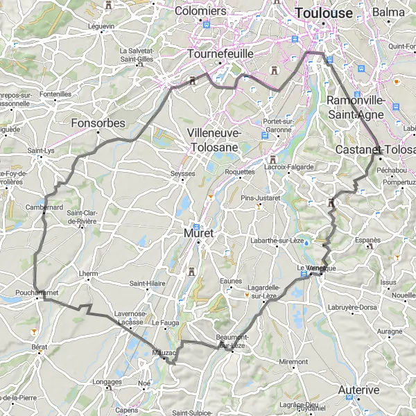 Miniaturní mapa "Cyklistický okruh kolem Venerque" inspirace pro cyklisty v oblasti Midi-Pyrénées, France. Vytvořeno pomocí plánovače tras Tarmacs.app