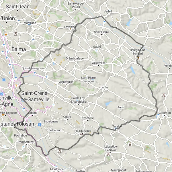 Miniaturní mapa "Okrsky kolem Maureville" inspirace pro cyklisty v oblasti Midi-Pyrénées, France. Vytvořeno pomocí plánovače tras Tarmacs.app