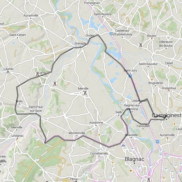 Miniaturní mapa "Okruh kolem Castelginest" inspirace pro cyklisty v oblasti Midi-Pyrénées, France. Vytvořeno pomocí plánovače tras Tarmacs.app