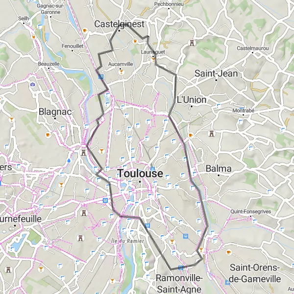 Map miniature of "Launaguet Loop Through Ramonville-Saint-Agne and Les Sept Deniers" cycling inspiration in Midi-Pyrénées, France. Generated by Tarmacs.app cycling route planner