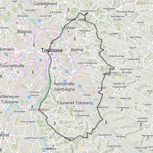 Miniature de la carte de l'inspiration cycliste "Circuit vers Toulouse et ses alentours" dans la Midi-Pyrénées, France. Générée par le planificateur d'itinéraire cycliste Tarmacs.app