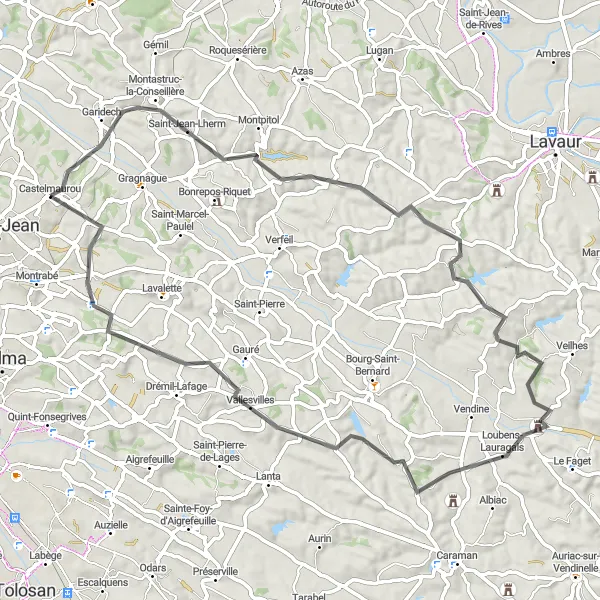 Karten-Miniaturansicht der Radinspiration "Rundfahrt durch Garidech, Maurens-Scopont, Vallesvilles und Mondouzil" in Midi-Pyrénées, France. Erstellt vom Tarmacs.app-Routenplaner für Radtouren