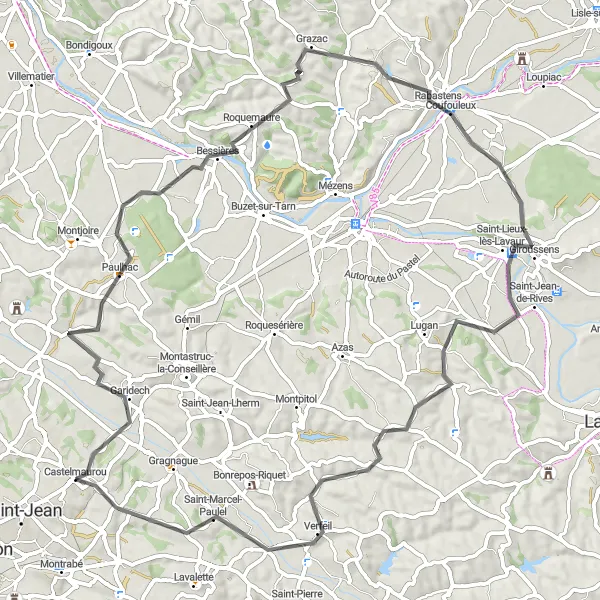 Mapa miniatúra "Trasa cez Garidech, Bessières, Coufouleux, Giroussens a Verfeil" cyklistická inšpirácia v Midi-Pyrénées, France. Vygenerované cyklistickým plánovačom trás Tarmacs.app