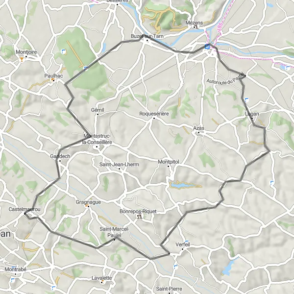 Miniatua del mapa de inspiración ciclista "Ruta de ciclismo de 57 km desde Castelmaurou" en Midi-Pyrénées, France. Generado por Tarmacs.app planificador de rutas ciclistas
