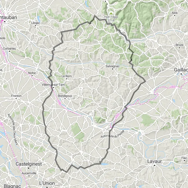 Miniatuurkaart van de fietsinspiratie "Een avontuurlijke tocht door Bazus en Gragnague" in Midi-Pyrénées, France. Gemaakt door de Tarmacs.app fietsrouteplanner