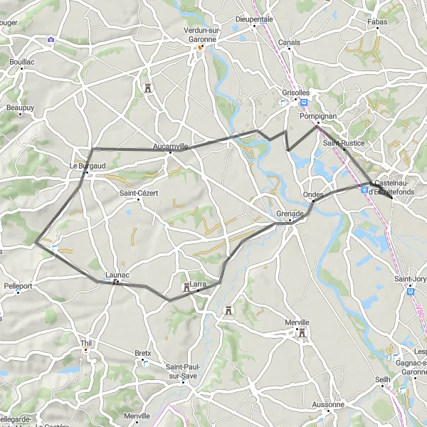 Mapa miniatúra "Trasa cez Launac a Saint-Rustice" cyklistická inšpirácia v Midi-Pyrénées, France. Vygenerované cyklistickým plánovačom trás Tarmacs.app