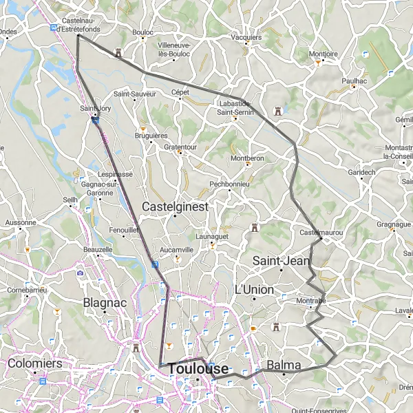 Miniatuurkaart van de fietsinspiratie "Ontdekkingstocht door de Franse campagne" in Midi-Pyrénées, France. Gemaakt door de Tarmacs.app fietsrouteplanner