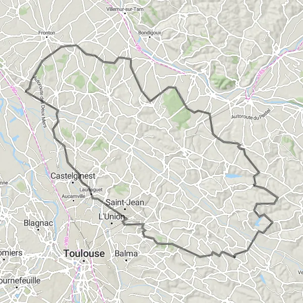 Map miniature of "Villaudric to Castelnau-d'Estrétefonds Loop" cycling inspiration in Midi-Pyrénées, France. Generated by Tarmacs.app cycling route planner