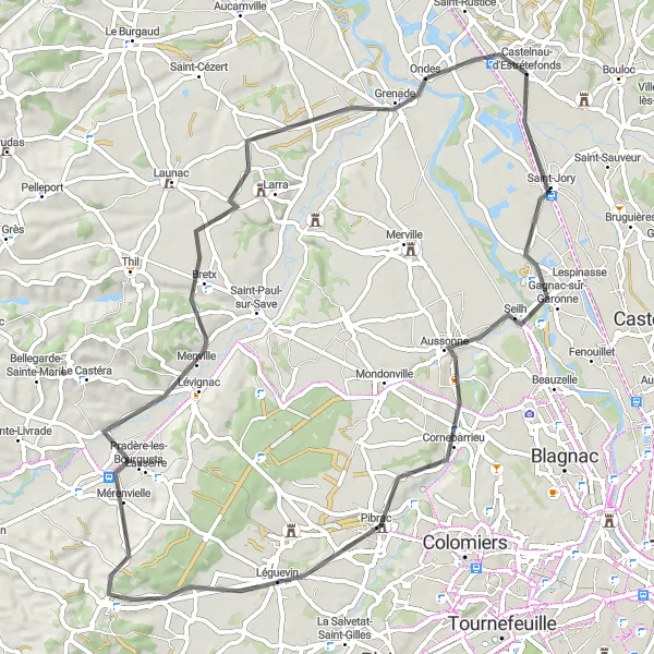 Miniaturní mapa "Gravelový okruh kolem Castelnau-d'Estrétefonds" inspirace pro cyklisty v oblasti Midi-Pyrénées, France. Vytvořeno pomocí plánovače tras Tarmacs.app