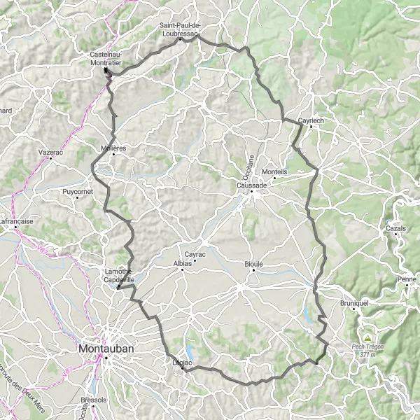 Map miniature of "Scenic Route through Quintessentially French Villages" cycling inspiration in Midi-Pyrénées, France. Generated by Tarmacs.app cycling route planner