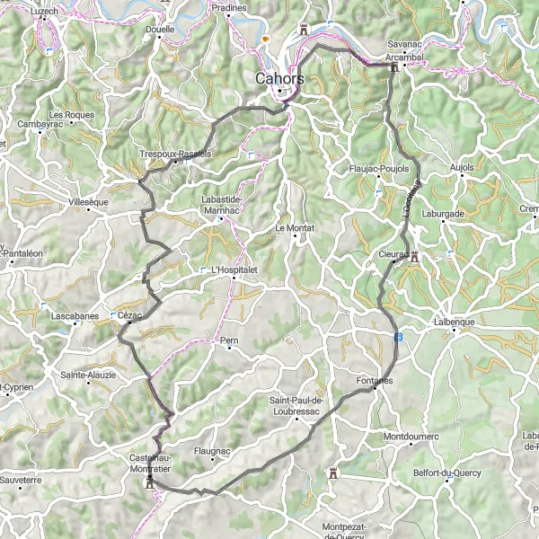 Map miniature of "Gorgeous Views and Medieval Castles" cycling inspiration in Midi-Pyrénées, France. Generated by Tarmacs.app cycling route planner