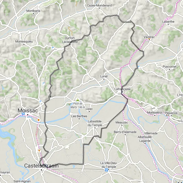 Miniaturní mapa "Road Cyklistická trasa kolem Castelsarrasin" inspirace pro cyklisty v oblasti Midi-Pyrénées, France. Vytvořeno pomocí plánovače tras Tarmacs.app