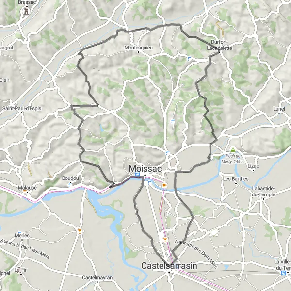 Map miniature of "The Castelsarrasin Loop" cycling inspiration in Midi-Pyrénées, France. Generated by Tarmacs.app cycling route planner