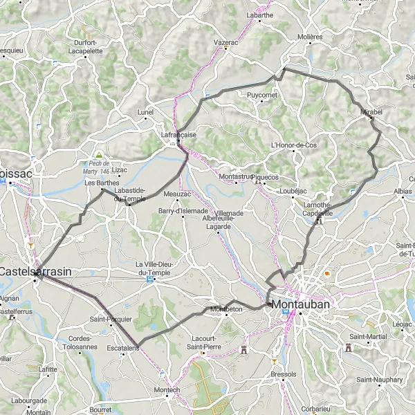 Kartminiatyr av "Labastide-du-Temple till Montbeton Cykelrunda" cykelinspiration i Midi-Pyrénées, France. Genererad av Tarmacs.app cykelruttplanerare