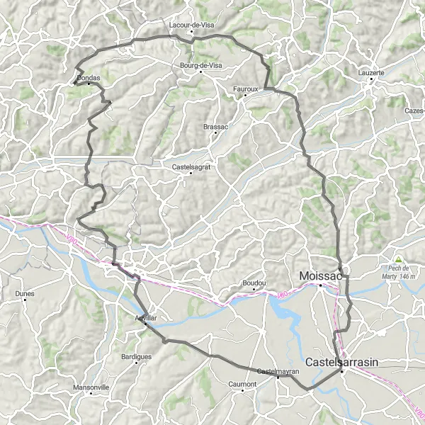 Miniaturní mapa "Road Cycling Tour kolem Castelsarrasin" inspirace pro cyklisty v oblasti Midi-Pyrénées, France. Vytvořeno pomocí plánovače tras Tarmacs.app