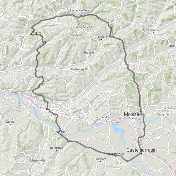 Miniatuurkaart van de fietsinspiratie "Kastelsarrasin naar Ruïnes du château de Moissaguel" in Midi-Pyrénées, France. Gemaakt door de Tarmacs.app fietsrouteplanner