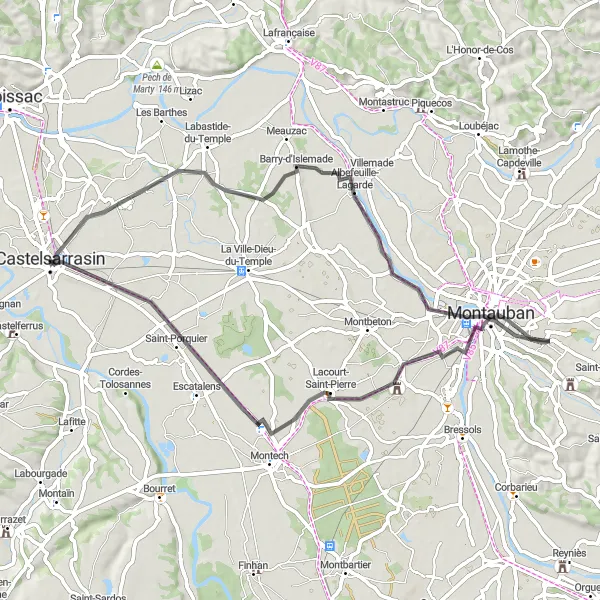 Miniaturní mapa "Kulturní okruh kolem Montaubanu" inspirace pro cyklisty v oblasti Midi-Pyrénées, France. Vytvořeno pomocí plánovače tras Tarmacs.app