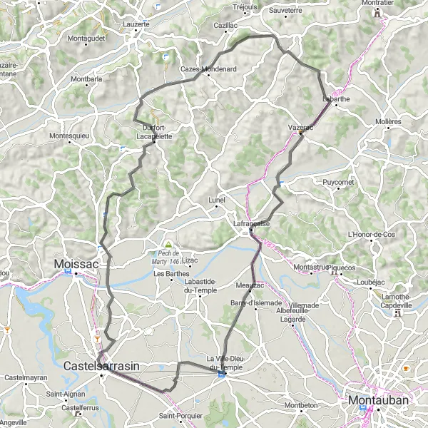 Miniaturní mapa "Cyklistický okruh přes Lafrançaise" inspirace pro cyklisty v oblasti Midi-Pyrénées, France. Vytvořeno pomocí plánovače tras Tarmacs.app