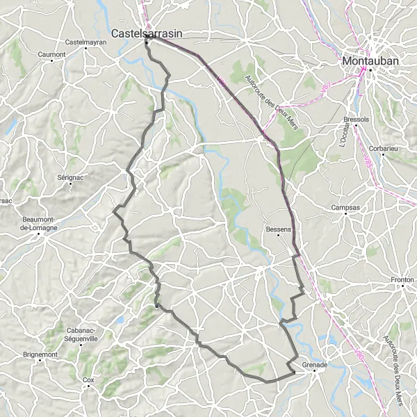 Mapa miniatúra "Západná okružná trasa" cyklistická inšpirácia v Midi-Pyrénées, France. Vygenerované cyklistickým plánovačom trás Tarmacs.app