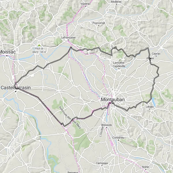 Map miniature of "Exploring Albias and Montauban" cycling inspiration in Midi-Pyrénées, France. Generated by Tarmacs.app cycling route planner