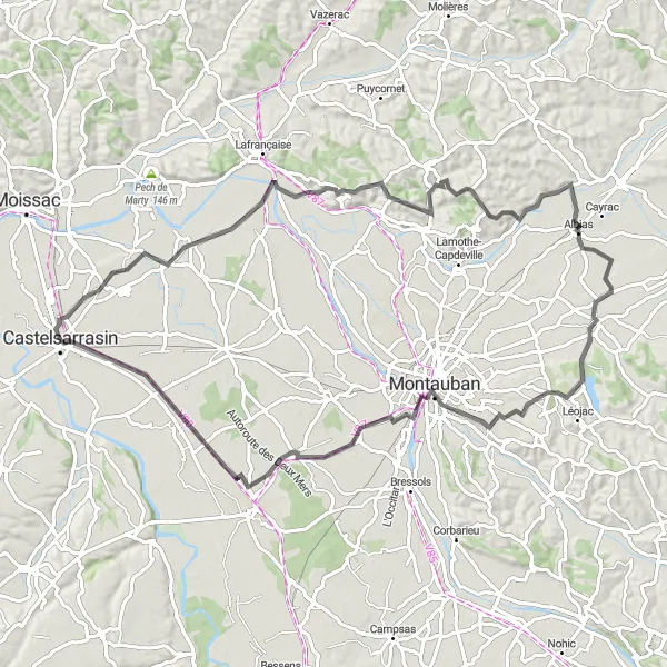 Karttaminiaatyyri "Labastide-du-Templen ja Montaubanin kierros" pyöräilyinspiraatiosta alueella Midi-Pyrénées, France. Luotu Tarmacs.app pyöräilyreittisuunnittelijalla