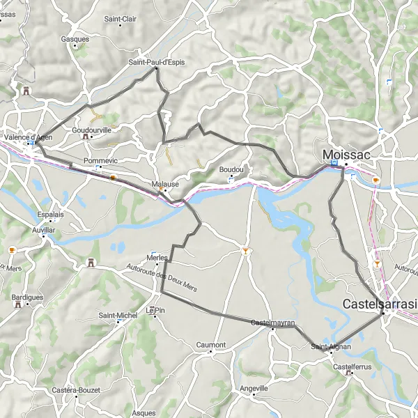 Mapa miniatúra "Okruh cez Castelsarrasin a Malause" cyklistická inšpirácia v Midi-Pyrénées, France. Vygenerované cyklistickým plánovačom trás Tarmacs.app