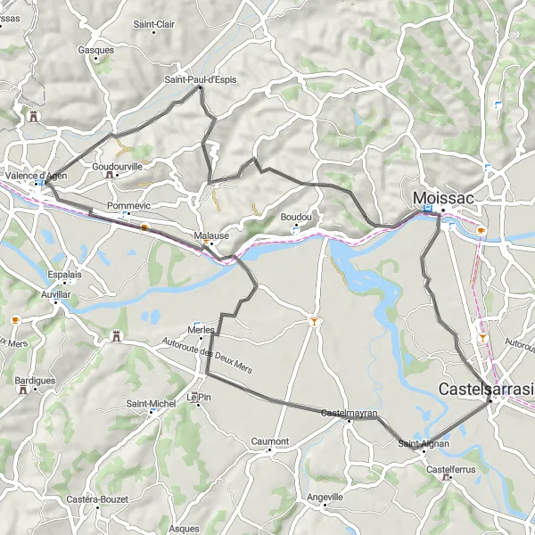 Map miniature of "Castelsarrasin Loop" cycling inspiration in Midi-Pyrénées, France. Generated by Tarmacs.app cycling route planner