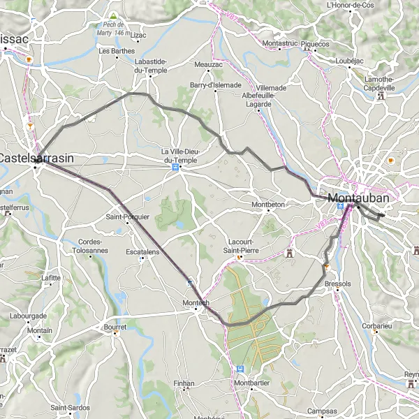 Map miniature of "Through the Hills of Montauban" cycling inspiration in Midi-Pyrénées, France. Generated by Tarmacs.app cycling route planner