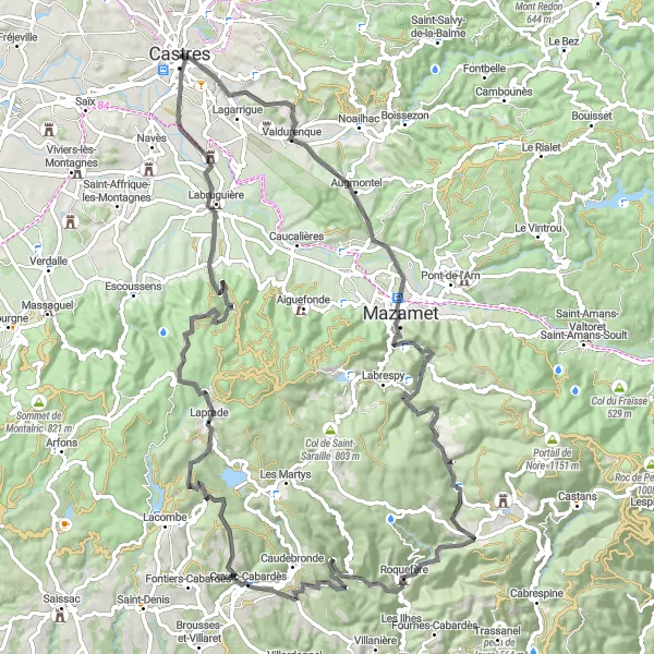Zemljevid v pomanjšavi "Vrhunski cestni izziv od Castresa" kolesarske inspiracije v Midi-Pyrénées, France. Generirano z načrtovalcem kolesarskih poti Tarmacs.app