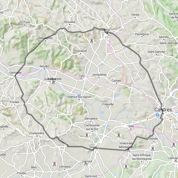 Mapa miniatúra "Cyklotrasa Navès - Castres" cyklistická inšpirácia v Midi-Pyrénées, France. Vygenerované cyklistickým plánovačom trás Tarmacs.app