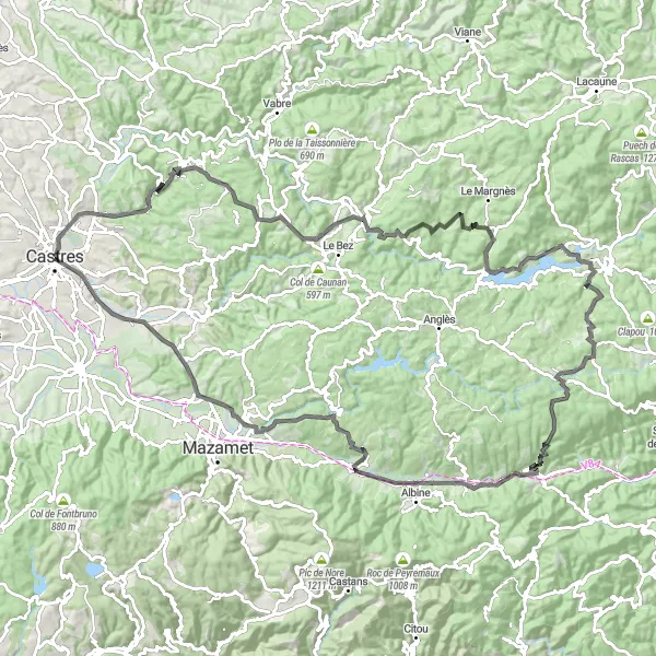 Map miniature of "The Lacrouzette Circuit" cycling inspiration in Midi-Pyrénées, France. Generated by Tarmacs.app cycling route planner