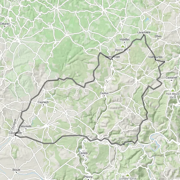 Miniaturní mapa "Cyklovýlet do Saint-Antonin-Noble-Val" inspirace pro cyklisty v oblasti Midi-Pyrénées, France. Vytvořeno pomocí plánovače tras Tarmacs.app