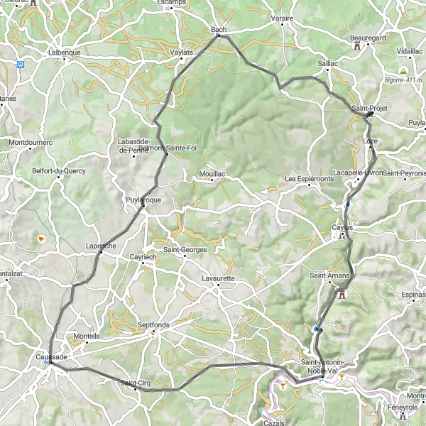 Kartminiatyr av "Opplev historie og natur på en 81 km lang landeveistur" sykkelinspirasjon i Midi-Pyrénées, France. Generert av Tarmacs.app sykkelrutoplanlegger