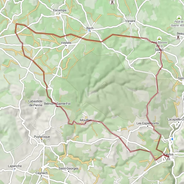 Kartminiatyr av "Grusvei eventyr i nærheten av Caylus" sykkelinspirasjon i Midi-Pyrénées, France. Generert av Tarmacs.app sykkelrutoplanlegger