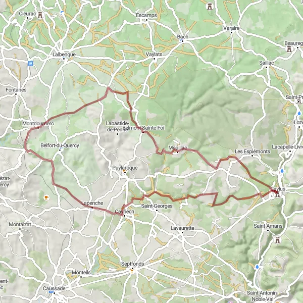 Kartminiatyr av "Graveläventyr till Belmont-Sainte-Foi" cykelinspiration i Midi-Pyrénées, France. Genererad av Tarmacs.app cykelruttplanerare