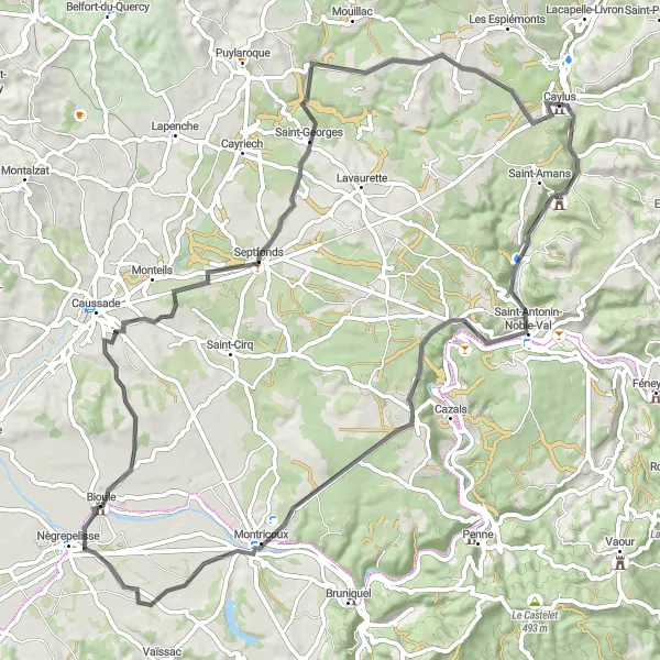 Zemljevid v pomanjšavi "Cestna krožna pot okoli Caylusa" kolesarske inspiracije v Midi-Pyrénées, France. Generirano z načrtovalcem kolesarskih poti Tarmacs.app