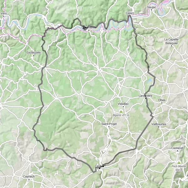 Zemljevid v pomanjšavi "Kolesarjenje okoli Caylusa" kolesarske inspiracije v Midi-Pyrénées, France. Generirano z načrtovalcem kolesarskih poti Tarmacs.app