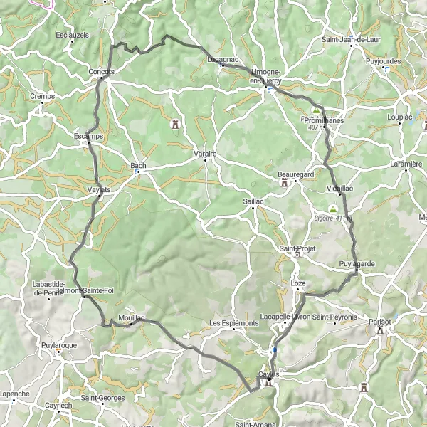 Karttaminiaatyyri "Caylus - Belmont-Sainte-Foi - Caylus" pyöräilyinspiraatiosta alueella Midi-Pyrénées, France. Luotu Tarmacs.app pyöräilyreittisuunnittelijalla