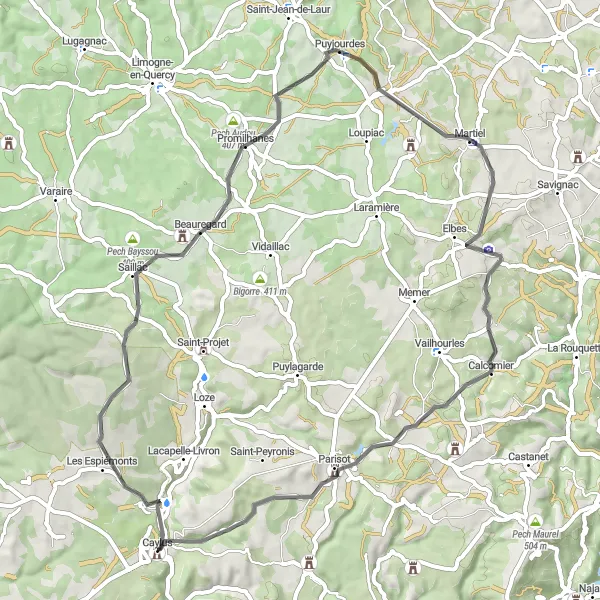 Zemljevid v pomanjšavi "Krožna pot od Caylusa do Château de l'Astorguié" kolesarske inspiracije v Midi-Pyrénées, France. Generirano z načrtovalcem kolesarskih poti Tarmacs.app