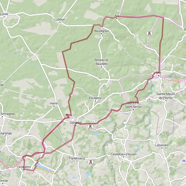 Map miniature of "Gravel Ride to Baudignan and Gabarret" cycling inspiration in Midi-Pyrénées, France. Generated by Tarmacs.app cycling route planner