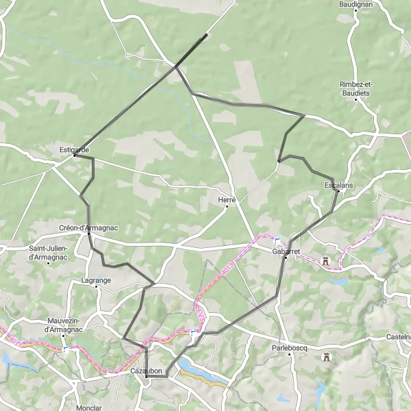 Miniatua del mapa de inspiración ciclista "Ruta en Carretera de Cazaubon a Barbotan-les-Thermes" en Midi-Pyrénées, France. Generado por Tarmacs.app planificador de rutas ciclistas