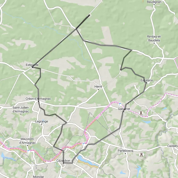 Map miniature of "Cycling route from Cazaubon to Barbotan-les-Thermes" cycling inspiration in Midi-Pyrénées, France. Generated by Tarmacs.app cycling route planner