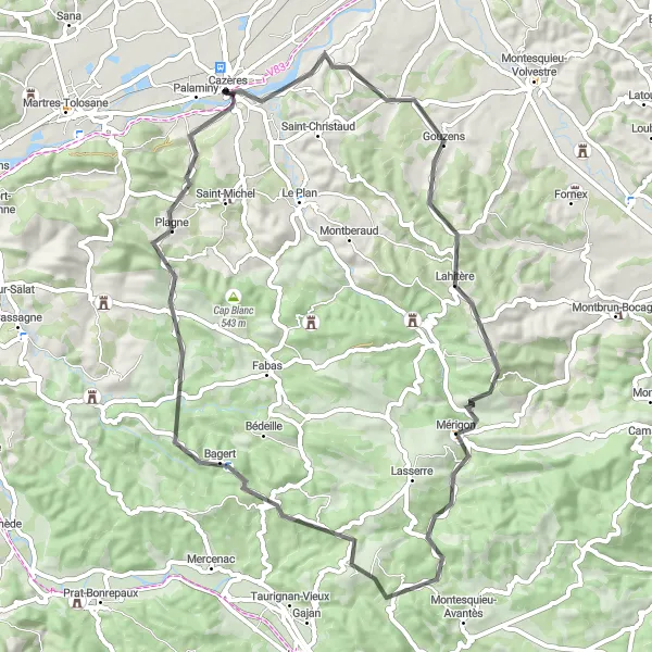 Miniatua del mapa de inspiración ciclista "Paseo de 65 km desde Cazères a Bagert" en Midi-Pyrénées, France. Generado por Tarmacs.app planificador de rutas ciclistas