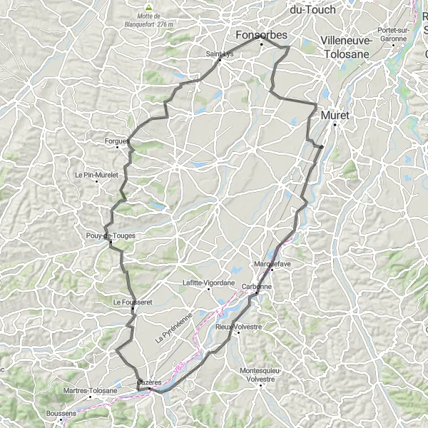 Miniatua del mapa de inspiración ciclista "Ruta de 112 km por carretera desde Cazères" en Midi-Pyrénées, France. Generado por Tarmacs.app planificador de rutas ciclistas