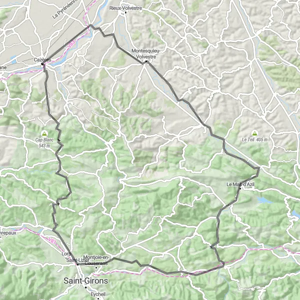 Miniatua del mapa de inspiración ciclista "Ruta escénica de 102 km cerca de Cazères" en Midi-Pyrénées, France. Generado por Tarmacs.app planificador de rutas ciclistas