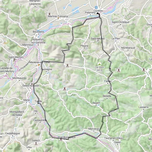 Mapa miniatúra "Z Cazères na cyklistický výlet kolem Saint-Michel" cyklistická inšpirácia v Midi-Pyrénées, France. Vygenerované cyklistickým plánovačom trás Tarmacs.app