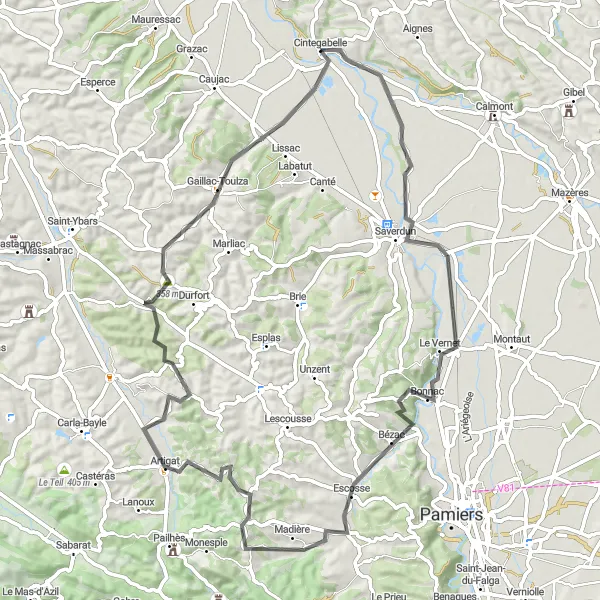Miniaturní mapa "Panoramatická cyklotrasa kolem Cintegabelle" inspirace pro cyklisty v oblasti Midi-Pyrénées, France. Vytvořeno pomocí plánovače tras Tarmacs.app