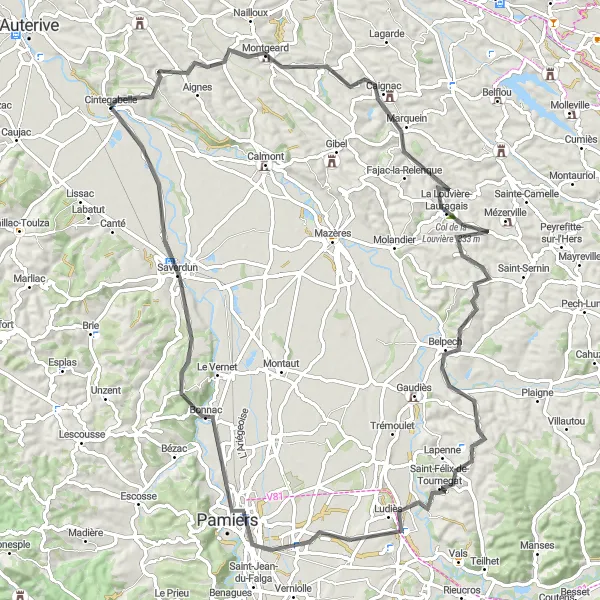 Miniatuurkaart van de fietsinspiratie "Cintegabelle naar La Tour-du-Crieu fietstocht" in Midi-Pyrénées, France. Gemaakt door de Tarmacs.app fietsrouteplanner