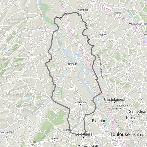 Map miniature of "Exploring Mondonville, Château de Larra, and Castelnau-d'Estrétefonds from Colomiers" cycling inspiration in Midi-Pyrénées, France. Generated by Tarmacs.app cycling route planner