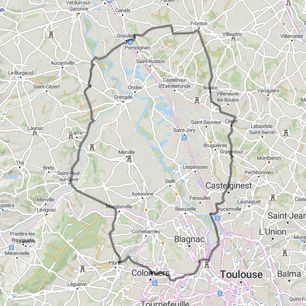Miniaturní mapa "Cyklo výlet okolo Pibrac - Saint-Paul-sur-Save - Villeneuve-lès-Bouloc - Castelginest - Tag - Colomiers" inspirace pro cyklisty v oblasti Midi-Pyrénées, France. Vytvořeno pomocí plánovače tras Tarmacs.app